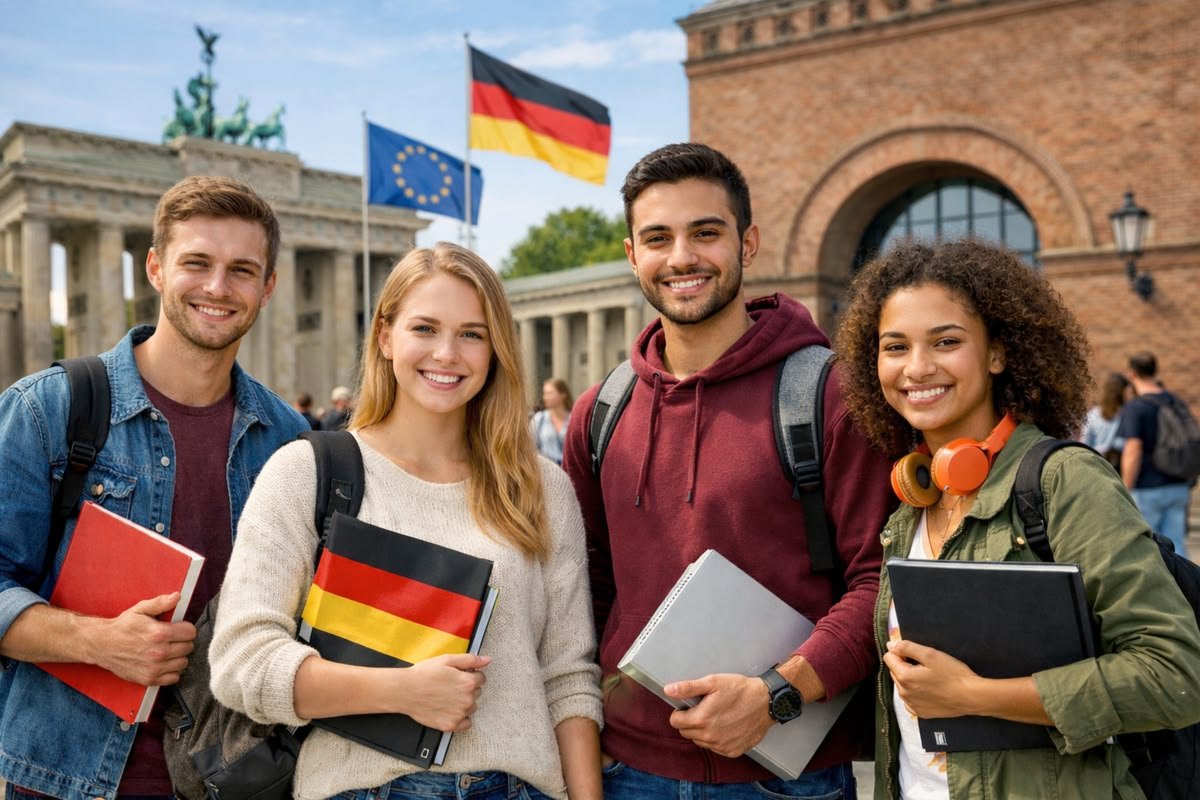 Students in front of the Brandenburg Gate in Berlin